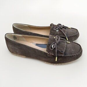 New Lands End Womens Size 8 Slip On Tassel Moccasin Brown Suede Loafers